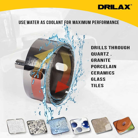 Drilax diamond hole saw, 2-3/4 inch diameter, 1-1/8 inch cut depth, 3/8 inch shank for tile, glass, granite, porcelain.
