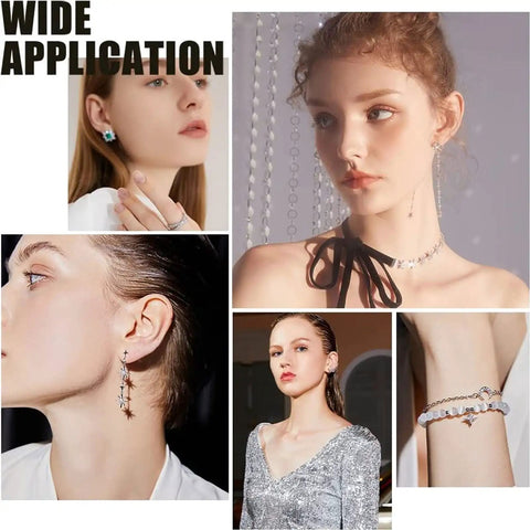 Models wearing jewelry featuring loose CZ diamond stones kit 2400 clear cubic zirconia rhinestones in 8 sizes for ring making.