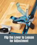 Shop Floor Tough 2 Pack 5/16 18 Cam Lock Clamps With Three Inch T Track Bolts And Rubber Washers For Woodworking Jigs Router Tables And Shop Benches Rapid Grip Tools clamping wood on a workbench with lever adjustment.