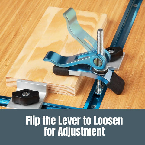 Four Pack Cam Lever Clamps With Three Inch T Track Bolts Dead Nuts Tight Fast Woodworking Jig And Router Table Gear With One Quarter Inch Twenty Thread Insert Rugged Bench And Cnc Tools For Shop Gigs, close-up of clamp on wood, blue aluminum lever.