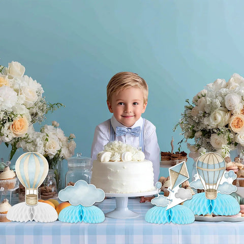 Blue Hot Air Balloon Honeycomb Centerpieces For Tables With Clouds Travel Adventure Theme 8 Piece Set Kid Approved display