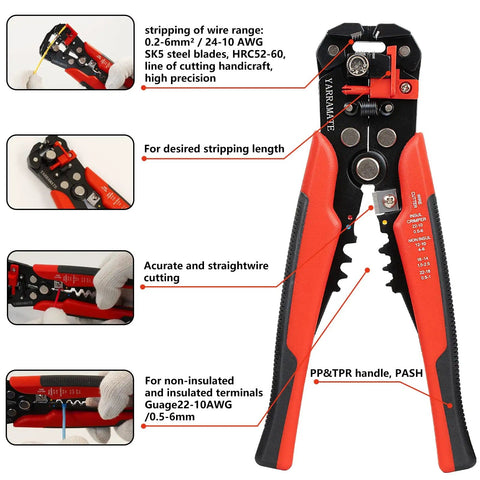 Self Adjusting 3 In 1 Wire Stripper Crimper And Cutter For 10 To 24 AWG Automatic Universal Stripping Tool 8 Inch with labels