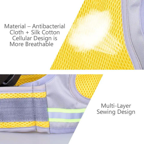 Detail of yellow breathable fabric and multi-layer sewing on Four In One Kiddo Friendly Motorcycle Harness for Safe Rides.