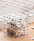 2 Pack Stackable Makeup Organizer Bins With Handles For Fridge Bathroom Kitchen Under Sink Cabinet And Pantry Storage Modular Drawer Friendly Plastic Bins For Easy Access And Multiuse Organization, clear stacked on a desk with stationery and cosmetics inside.