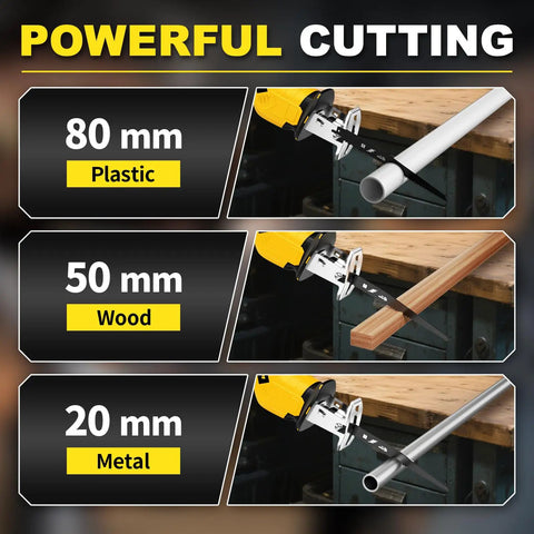 Demonstration of Cordless Reciprocating Saw With 0-3500 SPM Stepless Speed cutting plastic, wood, and metal pipes