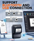 Dead Simple Wireless Bluetooth Label Printer With Tape Slick Portable Unit Generates Address And Barcode Labels Supports Wide Tape Rolls Built For Your Daily Hustle At Home Or Office, showing Bluetooth and USB connectivity options.