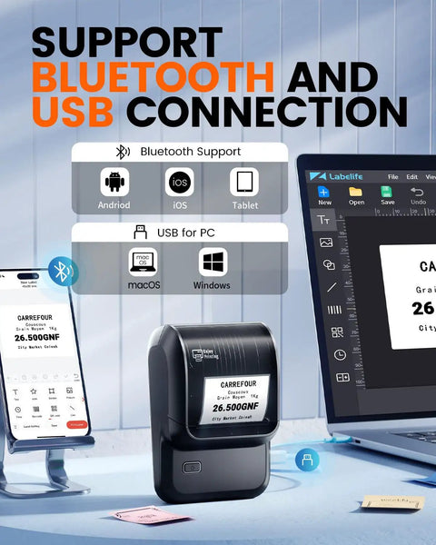Dead Simple Wireless Bluetooth Label Printer With Tape Slick Portable Unit Generates Address And Barcode Labels Supports Wide Tape Rolls Built For Your Daily Hustle At Home Or Office, showing Bluetooth and USB connectivity options.