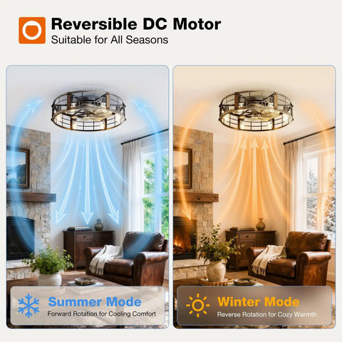 Reversible DC Motor for 24 Inch Metal Caged Farmhouse Ceiling Fan With Warm White Lighting And Wireless Remote, summer and winter mode.