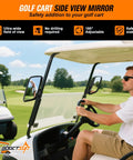 Top Shelf Heavy Duty Golf Cart Side Mirrors Featuring A Straight Up Easy No Sweat Roof Mount Zero Shudder Clarity 180 Degree Precision Swivel Fits Square Tube Carts Smooth Cruising Vibes with driver in golf cart.