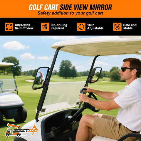 Top Shelf Heavy Duty Golf Cart Side Mirrors Featuring A Straight Up Easy No Sweat Roof Mount Zero Shudder Clarity 180 Degree Precision Swivel Fits Square Tube Carts Smooth Cruising Vibes with driver in golf cart.