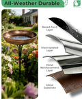 Image showing Sturdy Metal Bird Bath Garden Stake With 12 Inch Bowl Outdoors 0.7 Gallon Capacity Yard Decor, layered metal structure and flowers.