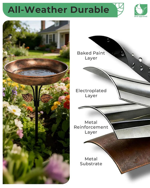 Image showing Sturdy Metal Bird Bath Garden Stake With 12 Inch Bowl Outdoors 0.7 Gallon Capacity Yard Decor, layered metal structure and flowers.