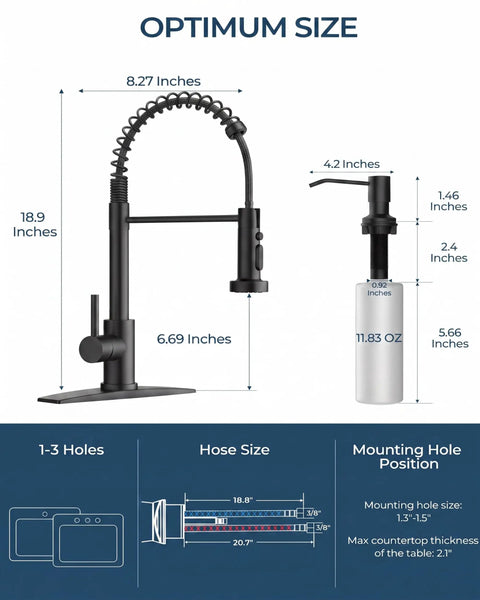 Slick Black Kitchen Faucet With Built In Soap Dispenser dimensions and specifications chart, showing sizes and mounting details.