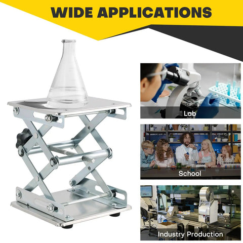 Rock Solid 6X6 Laboratory Lift Table With Easily Cranked Scissor Stand Platform Built Tough Stainless Steel Base with flask for lab use.