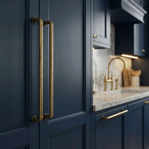 Antique Brass Cabinet Pulls 18 Inch Heavy Duty Zinc Alloy Handles For Large Wardrobe And Vintage Drawer Hardware For Farmhouse Kitchen And Pantry Doors 6 Pack on blue cabinet