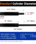 Two Rythalix office chair gas lift cylinders; outer diameter 2 in, inner 1.1 in, lengths 12.2 in and 18.5 in, 6.3 in stroke.