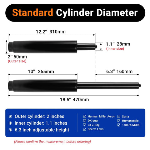 Two Rythalix office chair gas lift cylinders; outer diameter 2 in, inner 1.1 in, lengths 12.2 in and 18.5 in, 6.3 in stroke.