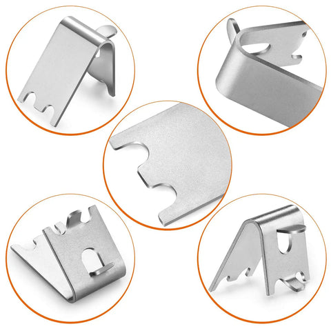 10 Pack Stainless Steel Freezer Shelf Clips For Refrigerator Replacement Buckles And Hooks With Zero Point Ninety Eight Inch Pitch Durable Fridge Shelf Supports No Fuss Install No Drill Quick Fit For Kitchen Organization, showing close-up details of stainless steel clips with slots and hooks.