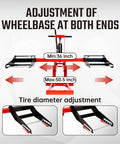 Adjustment features of Heavy Duty 750Lb Capacity Hydraulic Riding Lift Jack for Tractors ATVs and Zero Turn Lawn Mowers.