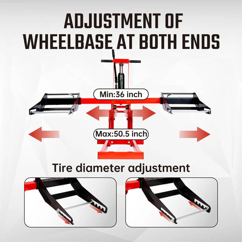 Adjustment features of Heavy Duty 750Lb Capacity Hydraulic Riding Lift Jack for Tractors ATVs and Zero Turn Lawn Mowers.