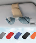 Nifty Beige Sunglass Holder For Car Sun Visor That Snaps Right On with sunglasses attached, premium vegan leather, compact design.