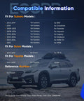 Vehicle compatibility chart for Subaru, Scion, Toyota models with an image of a Subaru Outback on rough terrain.