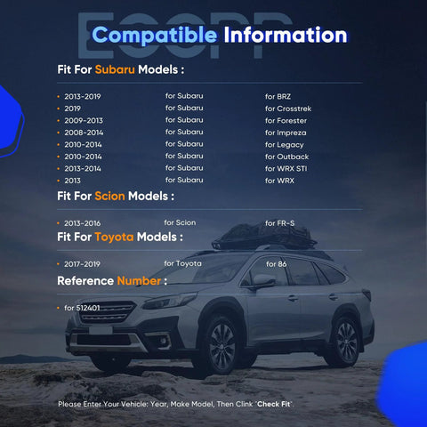 Vehicle compatibility chart for Subaru, Scion, Toyota models with an image of a Subaru Outback on rough terrain.