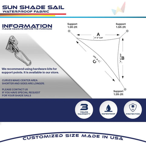 Diagram of Turquoise Triangle Sun Shade Sail Canopy 12x12x17 Ft Waterproof UV Block Heavy Duty Polyester With D Rings Easy Setup For Pergola Patio Deck Balcony And Backyard Outdoor Shade, showing dimensions and hardware recommendations.