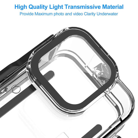 Close-up of Waterproof Dive Housing for Go Pro 11 10 9 Action Cameras With 60m 196ft Depth Rating, showcasing light transmissive material.