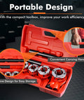 Ratcheting Pipe Threader Kit With Six Dies For One Quarter, Three Eighths, One Half, Three Quarters, One, And One And Quarter Inch Pipes, Heavy Duty Threading Tool Set With Durable Storage Case open showing contents and carrying handle.