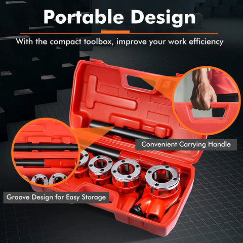 Ratcheting Pipe Threader Kit With Six Dies For One Quarter, Three Eighths, One Half, Three Quarters, One, And One And Quarter Inch Pipes, Heavy Duty Threading Tool Set With Durable Storage Case open showing contents and carrying handle.