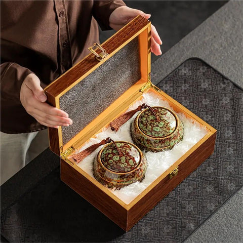 Kick Up Your Pantry Game With These Premium Ceramic Sealed Storage Jars For Loose Tea And Coffee Beans Featuring Ridiculously Tight Lids Really Cool Retro Double Bin Gift Box Organizer with two ceramic jars in a display box.