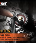Using Cam Timing Belt Tensioner Removal Tool And Tension Pulley Wrench For Mitsubishi And Hyundai in engine close-up