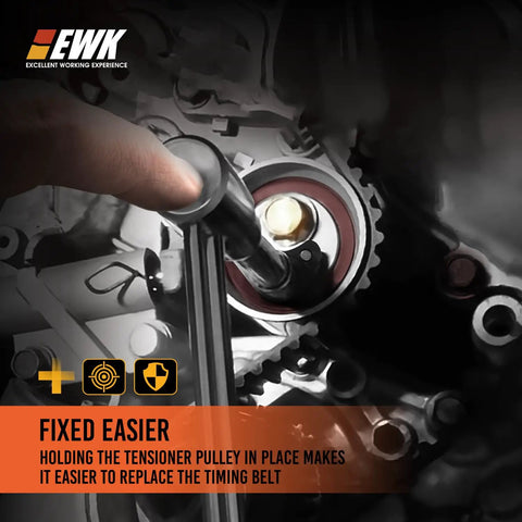 Using Cam Timing Belt Tensioner Removal Tool And Tension Pulley Wrench For Mitsubishi And Hyundai in engine close-up