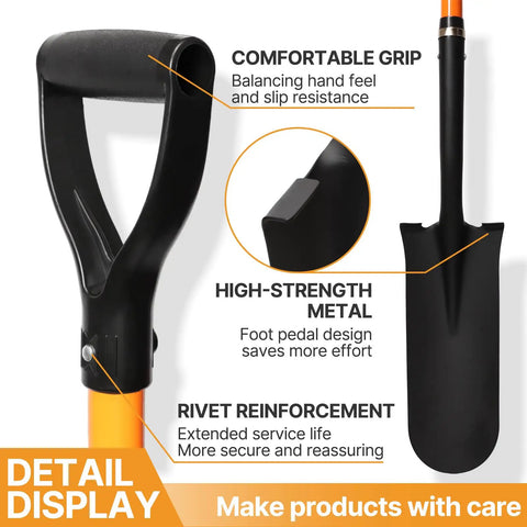 Close-up of Heavy Duty 45 Inch Orange Fiberglass Handle Spade Shovel For Digging And Trenching In The Backyard Go To Beast Digging Tool