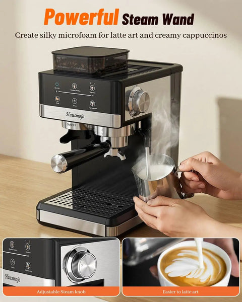 Straight Up Home Cafe Essential With Fully Integrated Bean Grinder And Heavy Duty 20 Bar Italian Pump For Perfect Latte Cappuccino And Quick Cold Brew Refills Daily, featuring a powerful steam wand for frothing milk.