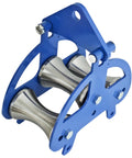 Heavy Duty Steel Cable Puller Sheave Engineered For Smooth Wire Feeding And Quick Direction Swings, blue steel frame with stainless steel rollers.
