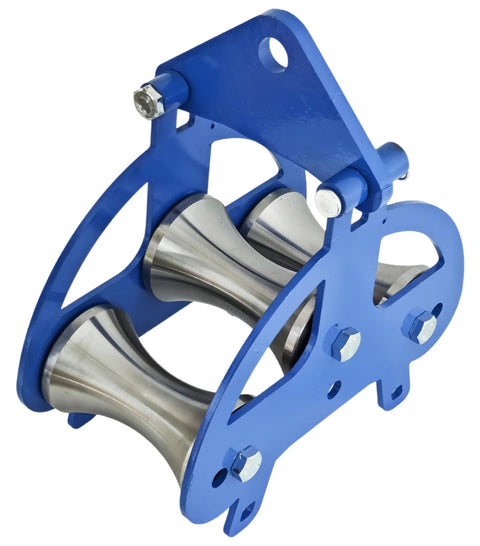Heavy Duty Steel Cable Puller Sheave Engineered For Smooth Wire Feeding And Quick Direction Swings, blue steel frame with stainless steel rollers.