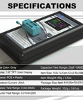 Multifunction Transistor Tester LCR Meter with specifications label, featuring large LCD display for electronics troubleshooting
