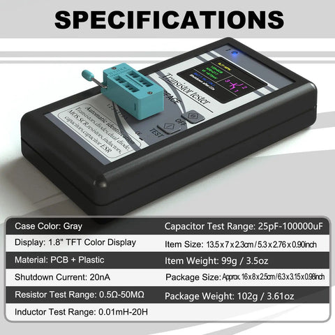 Multifunction Transistor Tester LCR Meter with specifications label, featuring large LCD display for electronics troubleshooting