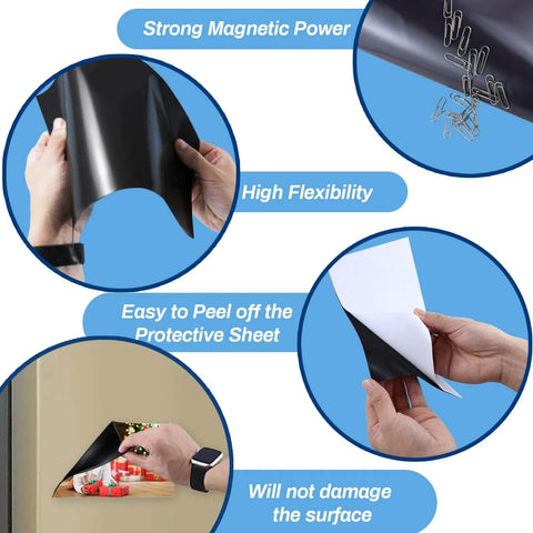 Cuttable Magnetic Sheets with Sticky Backing, 8.5 x 11 Inches, 30 Mil Thick, Pack Of 8, showcasing magnetic power and flexibility
