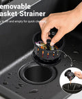 Extended Kitchen Garbage Disposal Flange Kit With Basket Strainer And Drain Stopper, black brushed steel in use in sink.