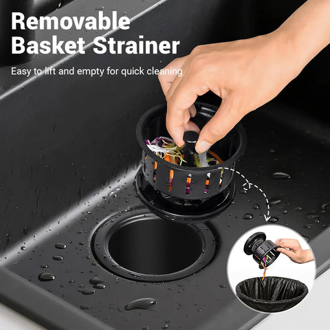 Extended Kitchen Garbage Disposal Flange Kit With Basket Strainer And Drain Stopper, black brushed steel in use in sink.