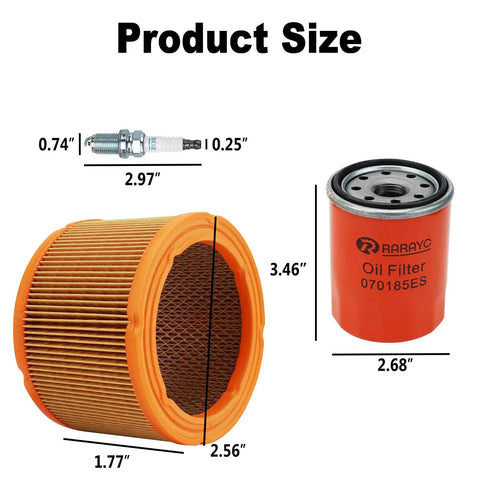 Generac 20KW Air Cooled Home Standby Generator Maintenance Kit components showing size dimensions, filter, and spark plug
