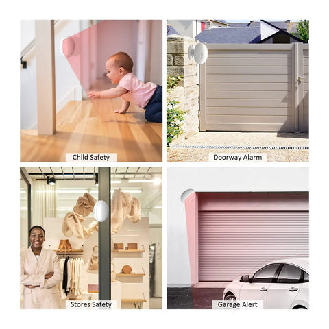 Collage showcasing Dope Wireless Motion Sensor Door Chime for child safety, doorway, store, and garage alerts.