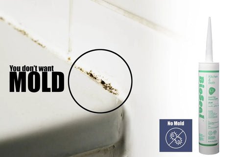 Ultimate 100 Percent Silicone Sealant For Kitchen And Bath with anti-mold feature, showing mold prevention on bathroom surface.