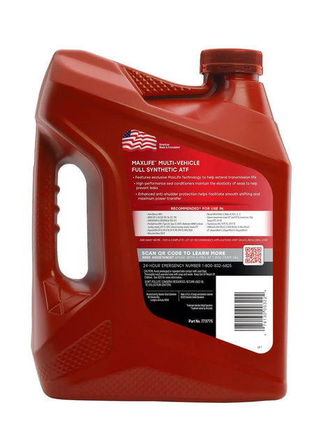 Back view of single bottle, Multi-Vehicle Full Synthetic ATF Automatic Transmission Fluid 1 Gallon Case Of 3 For Ultra Smooth Shifting