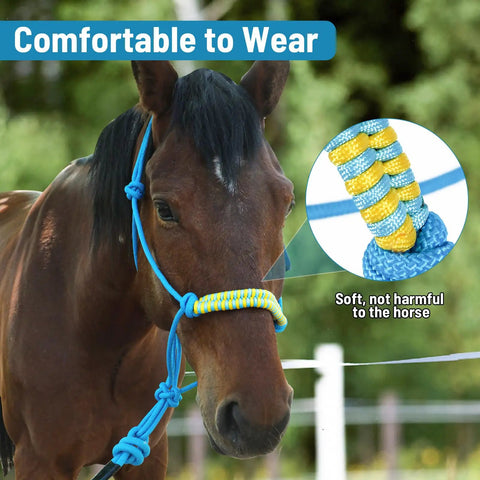 Brown horse wearing Lightweight Horse Rope Training Halter With Continuous Rope Reins No Breakable Hardware For Easy Use And Safe Handling