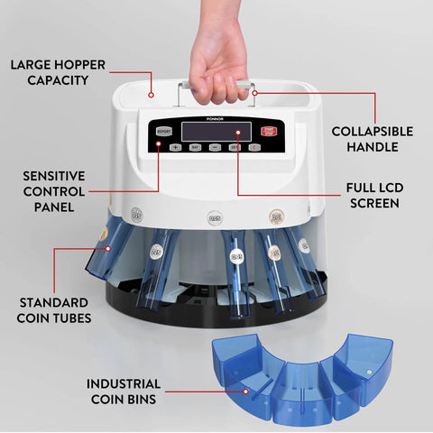 Ponnor Automatic Coin Counter Machine Sorter And Wrapper With Fast 300 Coins Per Minute Speed showing large hopper, LCD control panel, and collapsible handle.