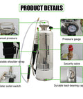 3 Gallon Stainless Steel Hand Pump Sprayer With Pressure Gauge, Adjustable Brass Nozzle with detailed product features labeled